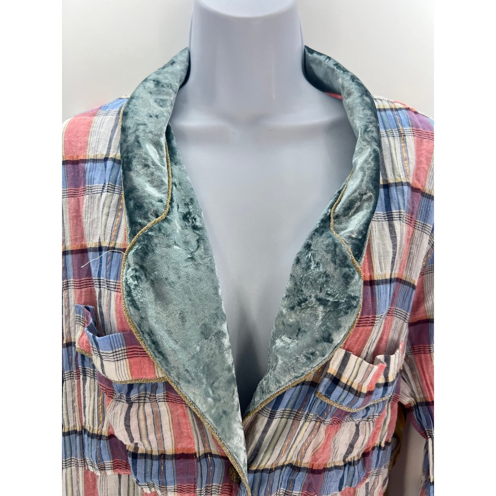 Aratta Silent Journey XL Plaid Floral Mixed Media Shirt Dress Velvet Collar - Picture 12 of 13